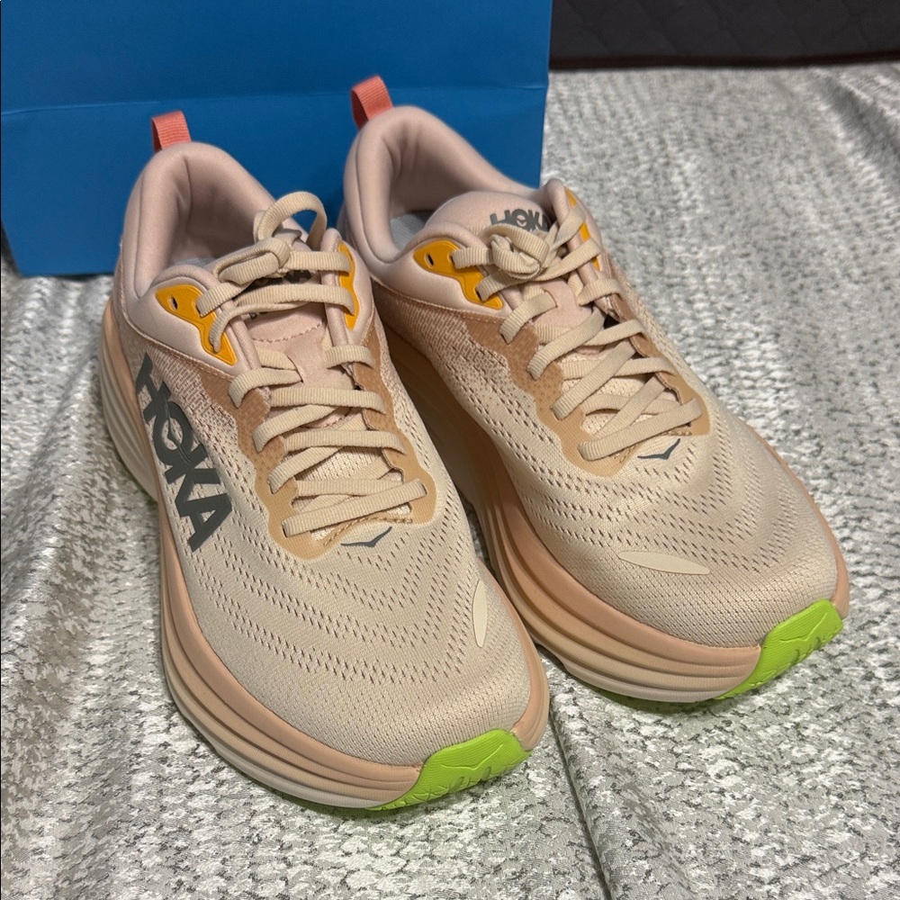 Hoka Bondi 8 - size 9.5 WIDE - Women's Beige and Neon Green Athletic Shoes